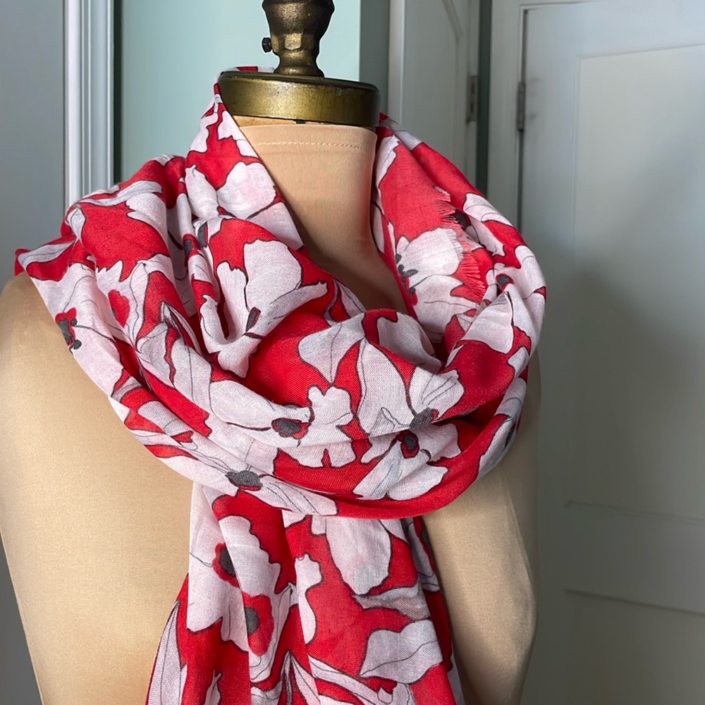 Banana Republic Coral/Red and Gray Flower Print Scarf